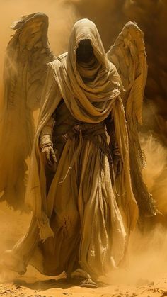 an angel in the desert with his wings spread