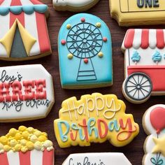 decorated cookies with circus theme and words on them