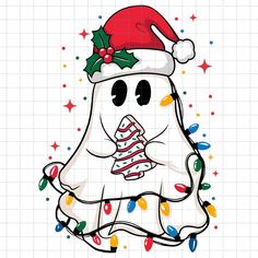 a christmas ghost with a santa hat and candy canes on it's nose