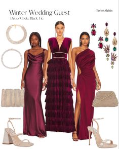 three women in evening dresses and accessories for winter wedding guest, from the front to the back