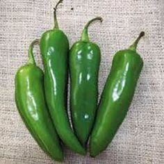 three green peppers sitting on top of a white cloth covered table next to each other