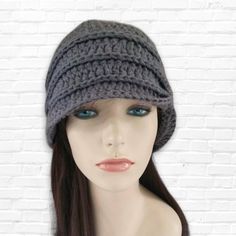 Vintage inspired tiered flapper style hat. Hand crocheted with soft 100% cotton yarn in charcoal gray.   Style details ~The bottom of the hat flares out slightly. The turban like gather has glass hand-beaded accent in shades silver with touches of purple. Hat Sizing: *small: 20-21in / 50-54cm *medium: 22-23in / 55-60cm  *large: 24-25in / 61-64cm *custom: for head measurements outside standard sizing please contact me for adjusted pricing.  Kids sizes available Adjustable Gray Crochet Cap, Adjustable Gray Crochet Beanie Hat, Cappello Cloche, Gray Hat, Flapper Hat, Womens Hat, Grey Hat, Flapper Style, Turban Hat