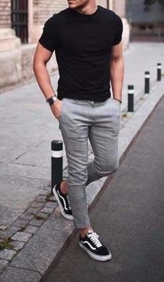 #fashion #menswear #mensfashion #mensoutfits #streetstyle #streetwear #vans #converse #streetfashion #fashstop #jeans #rippedjeans #denim #shirts #pants #trousers #anklepants #shortpants #capri #capripants Chinos Men Outfit, Black Outfit Men, Shirt Outfit Men, Casual Outfits Summer, Vans Outfit, Outfit 2020, Pants Outfit Men, Big Men Fashion