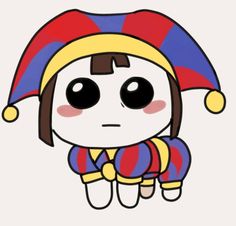 an image of a cartoon character with big eyes and a red, blue, yellow and purple hat