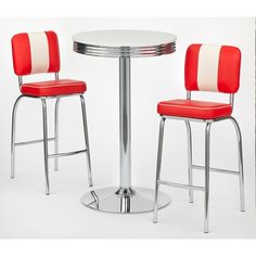 two black and white barstools sitting next to each other in front of a table