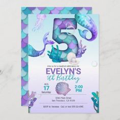 an image of a birthday party card with the number five in mermaids and seashells