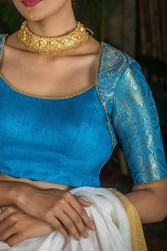 Sky blue brocade armband blouse with double tie back Blouse Designs For Border Blouse, Double Neck Design, Raw Silk Blouse Designs, Front Blouse Designs, Bead Edging, Latest Blouse Neck Designs, Simple Blouses, Blouse Simple