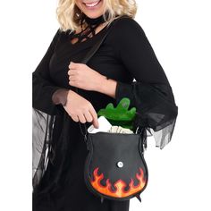 This spooky cauldron bag can be slung over your shoulders all through the Halloween season. The black base is shaped like a cauldron and has an orange and red fire base to make this cauldron look like it's heating up. The top flap looks like an over-flowing potion with a wet-look vibrant green color. It snaps up to keep your belongings safe as you go about your witchy activities! Witchy Activities, Witch Costume Accessories, Witches Costume, Halloween Brew, Witch's Cauldron, Witchs Cauldron, Witch Accessories, Bubble Bubble, Witch Shoes