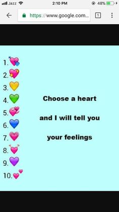 a computer screen with the words choose a heart and i will tell you your feelings