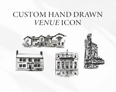 an advertisement for the custom hand drawn venue icon, with houses and buildings in black and white