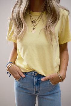 Get ready to elevate your style and comfort with the stylishly comfy and trendy Della Tee - it's so cute, it's a must-have! 100% cotton Chic Crew Neck T-shirt For Casual Gatherings, Chic Cotton T-shirt For Fall, Basic Summer T-shirt, Summer Cotton T-shirt In Solid Color, Summer Solid Color Cotton T-shirt, Summer Cotton T-shirt Solid Color, Trendy Solid Color Short Sleeve Shirt, Chic Cotton T-shirt For Casual Gatherings, Spring Crew Neck Tops