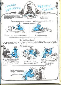 an old recipe book with blue cartoon characters and instructions on how to make cookie monster cookies