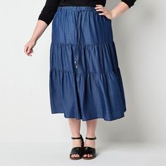 This women's plus flowy midi skirt is a chic style to wear to the office or a weekend gathering. Made from a crisp recycled woven cotton blend, this mid-rise skirt has a flat front elastic-drawstring waistband and tiered skirt layers. Wear it with a fitted tank top or t-shirt. Front Style: Flat FrontClosure Type: Full Elastic, DrawstringRise: Mid RiseApparel Length: 33 InchesFiber Content: 65% Tencel Lyocell, 23% Recycled Polyester, 12% CottonFabric Description: WovenLining: UnlinedSkirt Length: Skirt Layers, Flowy Midi Skirt, Fitted Tank Top, Womens Maxi Skirts, Maxi Skirts, Skirts Maxi, Tiered Skirt, Woven Cotton, Drawstring Waistband