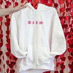 This trendy, unique, handcrafted Eye Candy Gildan embroidered hoodie sweatshirt is sure to stand out on any campus! Grab one for you, your big/little, or a group of sisters (bulk discount information can be found below). If you need some greek letter sweatshirt inspiration, please visit the inspiration page! Picture Details Pictures: ⭑ #1-3: White sweatshirt ⭑ The thread colors are shades of pink and cannot be changed! Care Instructions ⭑ Wash inside out on cold & air dry for best results ⭑ Do n Sorority Diy, Sweatshirt Inspiration, Greek Letter Shirts, Letter Hoodie, Letter Sweatshirt, Diy Sweatshirt, College Shirts, Sigma Kappa, Gildan Hoodie