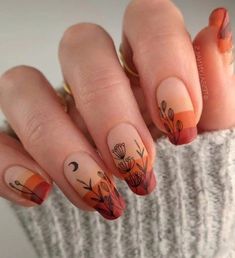 Red Nail Designs Sun And Rainbow Nails, Classy Orange Nails, Scandinavian Nail Art, Burnt Sienna Nails, Nails With Two Colors, Fun Orange Nails, Classy Fun Nails, Nail Designs Boho, Cute Boho Nails