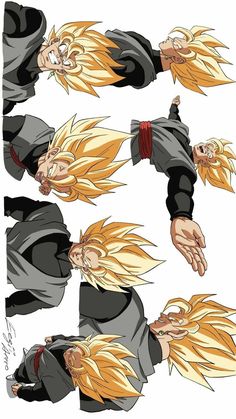 an anime character with long blonde hair and black clothes, in different positions on the same side