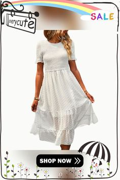 White Swiss Dot Pleated Elegant Short Sleeve Midi Dress Casual Midi Length Swiss Dot Dresses, Casual Midi Length Dresses With Swiss Dot, Casual Swiss Dot Midi Length Dresses, Casual Swiss Dot Midi Dress, Casual Swiss Dot Dress For Brunch, Short Sleeve Midi Dress, Midi Short Sleeve Dress, Dresses By Length, Sleeve Midi Dress