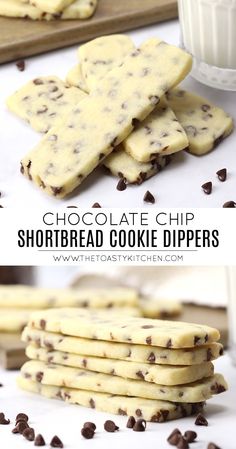 Chocolate chip shortbread cookie dippers recipe by The Toasty Kitchen. Chocolate chip shortbread cookie dippers are the perfect companion for a warm cup of coffee or cold glass of milk. These cookies are buttery, tender, and filled with rich chocolate chips. All you need are five ingredients to get started. #shortbreadcookies #chocolatechipshortbread #cookiedippers #christmas #cookiesforsanta #santascookies #recipe Ahead Of Thyme, Birthday Food Gifts, Recipes With Mini Chocolate Chips, Brownie Dippers, Shortbread Cookie Recipes, Cookie Dippers, Cookie Dipper, Best Shortbread Cookie Recipe, Chocolatechip Cookies