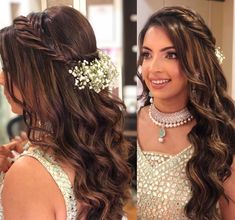 Sangeet Open Hairstyles For Bride, Front Open Hairstyles Indian, Reception Bride Hairstyle For Gown, Reception Open Hairstyles Indian, Hairdo For Reception Indian, Open Hairstyles On Saree Wedding, Gowns Hairstyles Indian, Sangeet Hairstyles For Bride On Gown