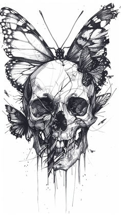 a black and white drawing of a skull with butterfly wings on it's head