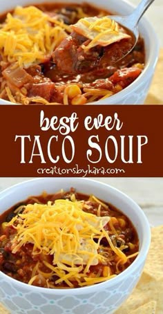 the best ever taco soup recipe is made with beef, beans and cheese in a white bowl