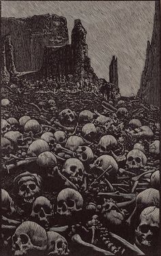 a black and white drawing of skulls in the ground with mountains in the backgroud