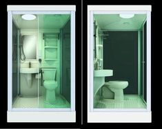 two pictures of a bathroom with green lighting