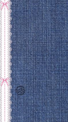 the back side of a pair of blue jeans with white lace and pink bow ties