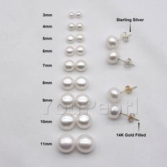 Type:Genuine Freshwater Pearls Stud Earrings  AA+ Pearl color:Natural white Pearl size:3mm 4mm 5mm 6mm 7mm 8mm 9mm 10mm 11mm Pearl shape:Button Pearl luster:Very high  Pearl blemish:95% free Metal:Solid 925 Sterling Silver (925 stamped) or  14K gold filled (1/20 14K stamped) Please Note: Due to the variance of the natural pearls, size measurement is approximate, and color may vary a little. The price is for a pair of earring studs. Hypoallergenic Pearl Earrings, Gold Rings Fashion, Classic Earrings, Pearl Stud Earrings, Pearl Color, Pearl Size, Natural Pearls, Cultured Pearls, Jewelry Earrings Studs