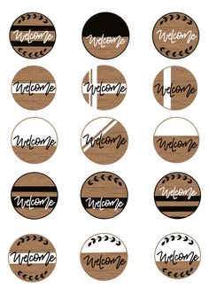 wooden badges with the names of different countries in black and white, on a white background