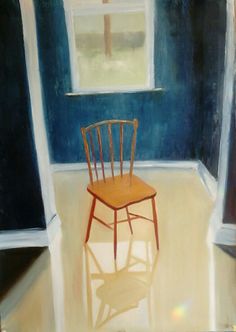 a painting of a chair sitting in front of a window with blue paint on the walls