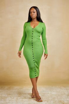 Kamsi Long Sleeve Button Front Midi Sweater Dress - Green – Be Maraki Model Profile, Midi Sweater Dress, Model Profiles, Woman Dress, Sweater Dress Midi, Long Sleeve Bodycon, Button Dress, Ribbed Fabric, Plunging Neckline