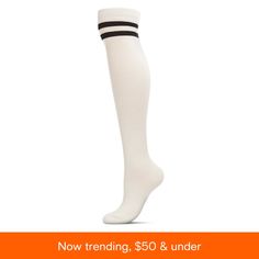 in stock White Knee-high Socks For Spring, White Knee-high Hosiery For Spring, Comfortable White Knee-high Socks For Spring, White Comfortable Knee-high Socks, White Knee-high Casual Stockings, White Casual Knee-high Stockings, Casual White Knee-high Stockings, White Fitted Sporty Hosiery, Sporty Fitted White Hosiery