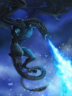 a blue dragon with its mouth open and it's tail spewing out