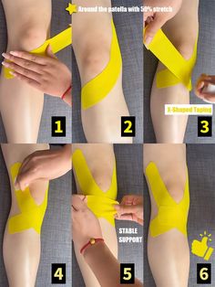 Kinesiology tape helps stabilize the patella of knee and protects ligaments and meniscus. Suitable for soccer, basketball, running and other sports. #kinesiotape #knee #patella #kneepain Kinesiology Taping Knee Meniscus, Kt Tape For Knees, Kt Tape On Knee, Meniscus Kt Taping, Kt Tape For Patellar Tracking, Kt Tape For Patella Stability, Knee Tape For Running, Knee Stability Taping, How To Kt Tape Your Knee