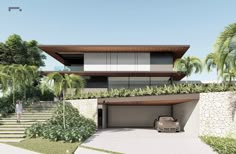 an artist's rendering of a modern house with palm trees on the side and stairs leading up to it