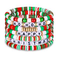 PRICES MAY VARY. 【Christmas Theme Bracelets】Fun and fashionable holiday bracelets in green, red, and white. Nothing says "I love the holidays" more than wearable Christmas accessories. Why not show off your festive side with our trendy expandable bangles set with hand-painted charms. This bracelet features acrylic monogram beads -HOHOHO HAPPY CHRISTMAS and red, white and blue polymer clay beads, a classic Christmas color scheme to add more festive atmosphere to your Christmas look. 【Christmas Th Christmas Braclets Ideas, Winter Clay Bead Bracelets, Christmas Clay Bead Bracelet Ideas, Christmas Bracelet Ideas, Bracelets Heishi, Holiday Party Jewelry, Acrylic Monogram, Stackable Beaded Bracelets