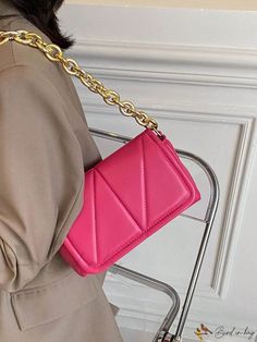 Bird in Bag - Solid Color Chain Decorated Pu Leather Womens Shoulder Bag Trendy Office Shoulder Bag With Gold Chain, Office Bags With Gold Chain, Trendy Leather Bags With Gold Chain, Chic Pink Shoulder Bag With Chain Detail, Chic Pink Shoulder Bag With Chain, Square Crossbody Bag, Bag With Chain, Bird In Bag, Square Bag