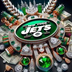 new york jets ring surrounded by money and jewels