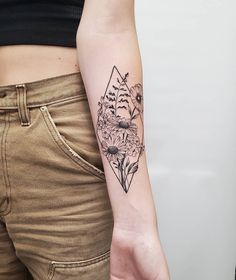 Collage Sleeve Tattoo Women, Diamond Geometric Tattoo, Diamond Floral Tattoo, Floral Diamond Tattoo, Geometric Forearm Tattoo Women, Geometric Wildflower Tattoo, Geometric Tattoo With Flowers, Geometrical Flower Tattoo, Geometric And Floral Tattoo