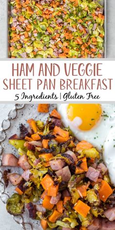 ham and veggie sheet pan breakfast with an egg on top