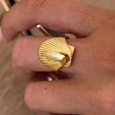 18K Gold-Plated Stainless Steel Nickel-Free Lead-Free Hypoallergenic Water Resistant Seashell Ring, Dope Jewelry, Shiny Things, Inspired Jewelry, Pearl Gemstone, Fashion Books, Ring Bracelet, Apple Watch Bands, Ring Necklace