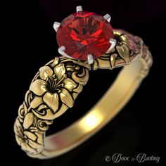 Flower-shaped Yellow Gold Ruby Ring For Wedding, Yellow Gold Flower Ruby Ring For Wedding, Flower Shaped Ruby Ring In Yellow Gold For Wedding, Yellow Gold Ruby Ring For Wedding With Flower Shape, Innocent Beauty, Female Rings, Ruby Flower, Lily Ring, Floral Wedding Bands