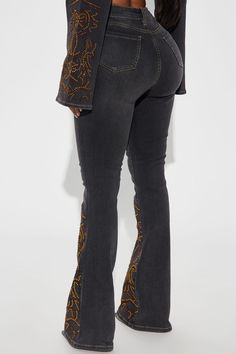 Available In Black Wash. Pair With Lone Ranger Embellished Denim Jacket Flare Jean 5 Pocket Embellished 34" Inseam 11" High Rise Medium Stretch Disclaimer: Due To The Specialized Wash Process, Each Garment Is Unique. 72.5% Cotton 25.6% Polyester 1.9% Spandex Imported | Lone Ranger Embellished Stretch Flare Jeans in Black Wash size 13 by Fashion Nova Trendy Fitted Jeans With Rhinestones, Embellished Denim Jeans For Night Out, Trendy Embroidered Fall Jeans, Embellished Jeans For Night Out, Fitted Embellished Bottoms For Fall, Trendy Rhinestone Bottoms For Fall, Chic Embellished Fitted Jeans, Trendy Embellished Bottoms For Fall, Casual Embellished Jeans For Party