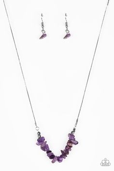 Attached to a dainty silver chain, bits of vivacious purple rock are threaded along an invisible wire below the collar for a seasonal look. Features an adjustable clasp closure. Sold as one individual necklace. Includes one pair of matching earrings. p2se-prxx-160xx RELEASED 20 MAY 20 Short Silver Necklace, Paparazzi Accessories Jewelry, Nature Purple, Color Violeta, Purple Necklace, Natural Stones Necklace, Paparazzi Accessories, Back To Nature, Paparazzi Jewelry