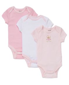 Details Give your baby girl three different looks with this three pack bodysuit assortment. Made from soft cotton, they are both durable and gentle against Baby's skin. Assortment includes pink polka dot print, pink with sweet bear appliqu� and solid pink with light pink binding. Lap shoulder... Pink Newborn, Pretty Embroidery, Pink Bear, Girls Sweet, Preschool Outfits, Baby Bunnies, Short Sleeve Bodysuit, Pink Baby, Baby Clothes Shops