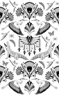 black and white drawing of birds flying around