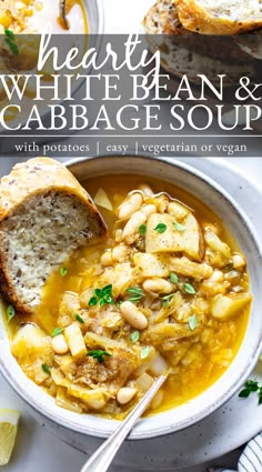 hearty white bean and cabbage soup with potatoes, easy vegetarian or vegan recipe