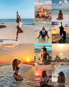 a collage of photos with people on the beach and in the water at sunset