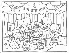 a coloring page with teddy bears sitting around a campfire